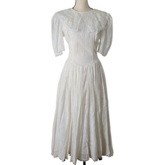 70s/80s Jessica Mcclintock Gunne Sax Creamy White Floral Print Lace Dress 8 - Picture 1 of 16